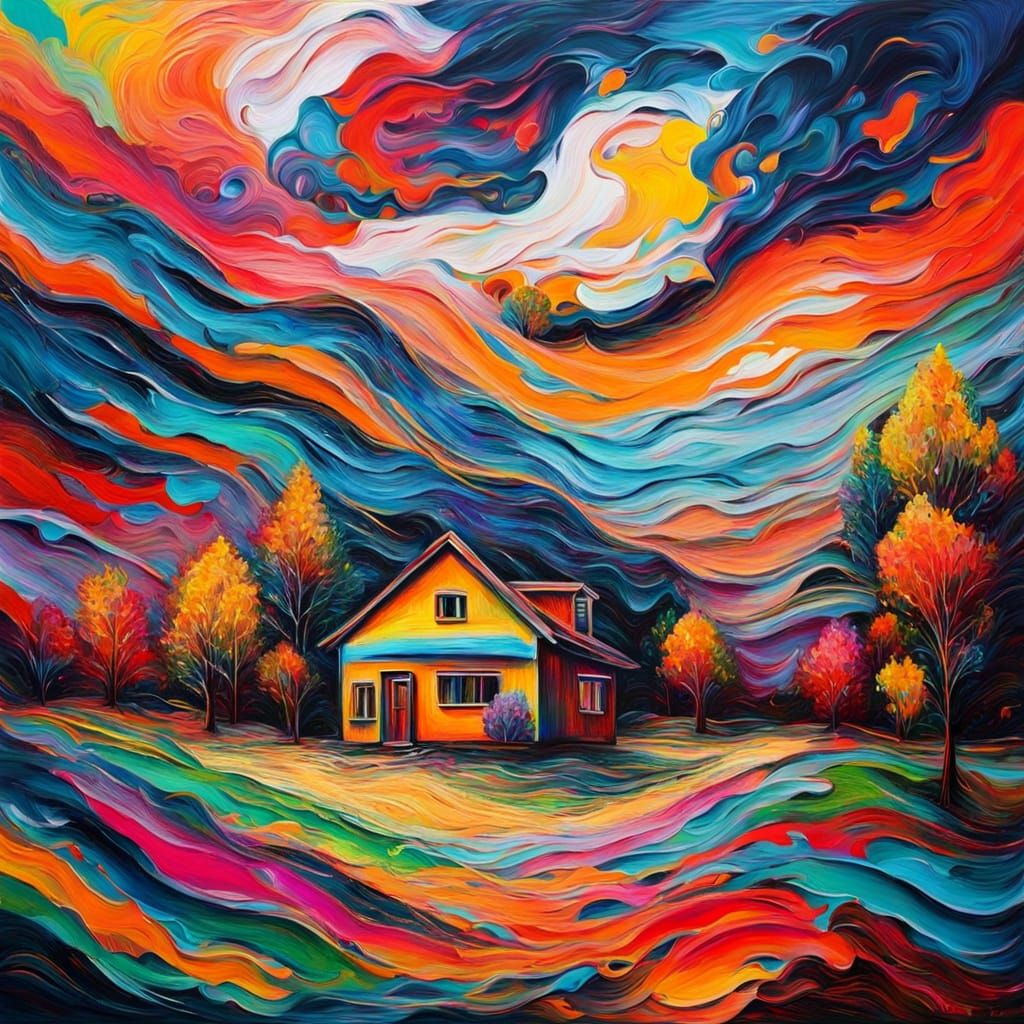 Abstract House of Wavy Lines: Impasto Neon Art