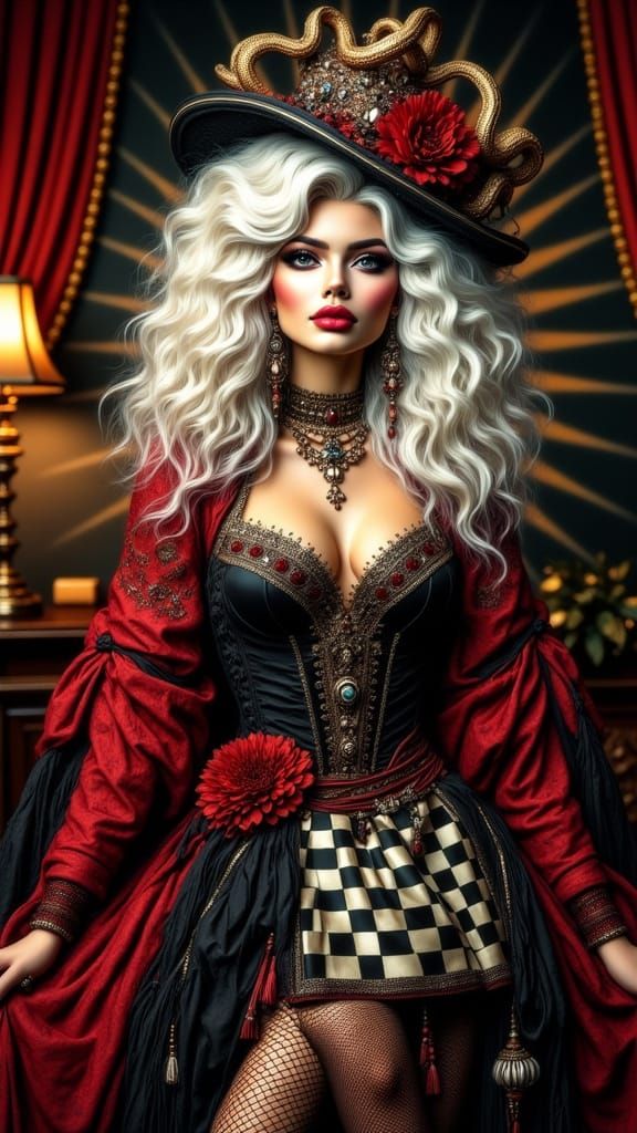 Rococo Queen in Jewel-Adorned Hat and Snake Accents