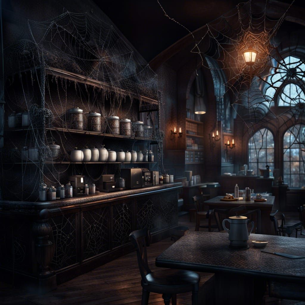 Hyperdetailed Gothic Coffee Shop with Spider Webs