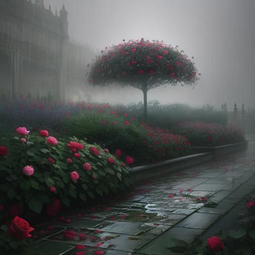 Hyperrealistic Rose Garden in Misty Rain, Splash Art