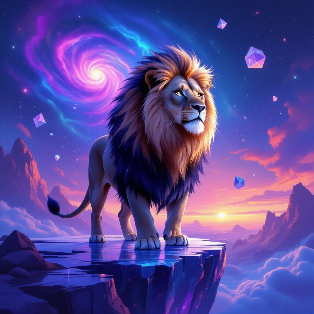 Majestic Lion with Galaxy Mane on Crystalline Platform