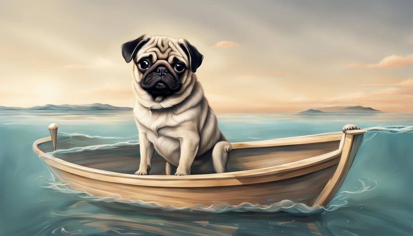 Pug in Glass Boat on Calm Sea