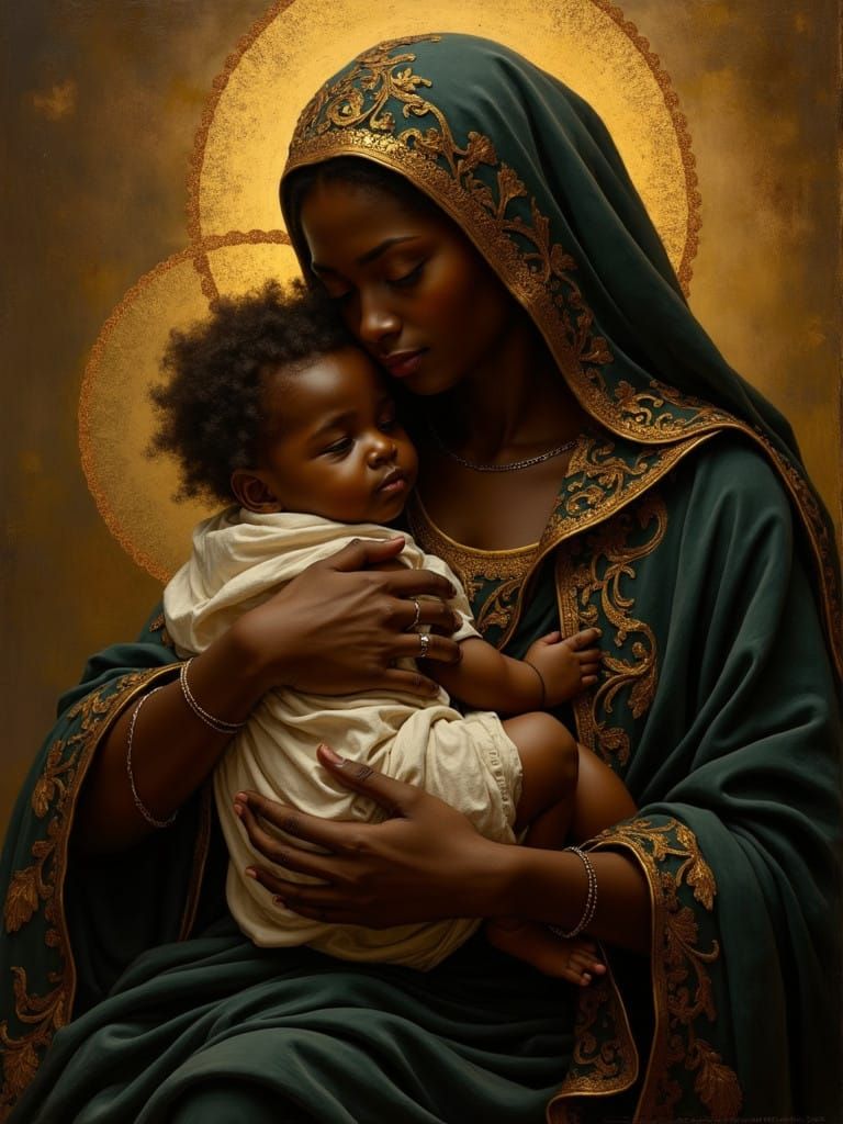 Gilded Black Madonna Tenderly Holds Her Child in Golden Sple...