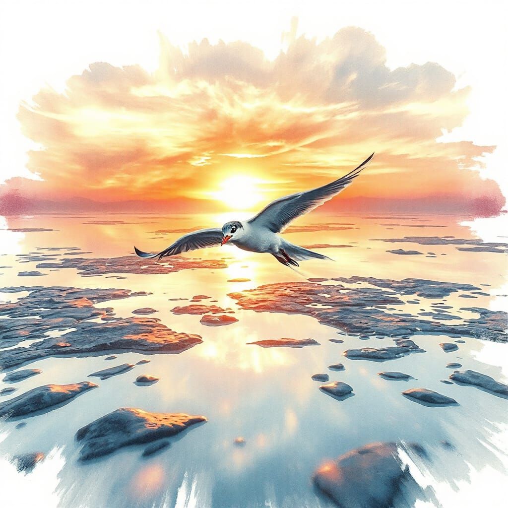 Surreal Tern Takes Flight in Whimsical Watercolour Dreamscap...