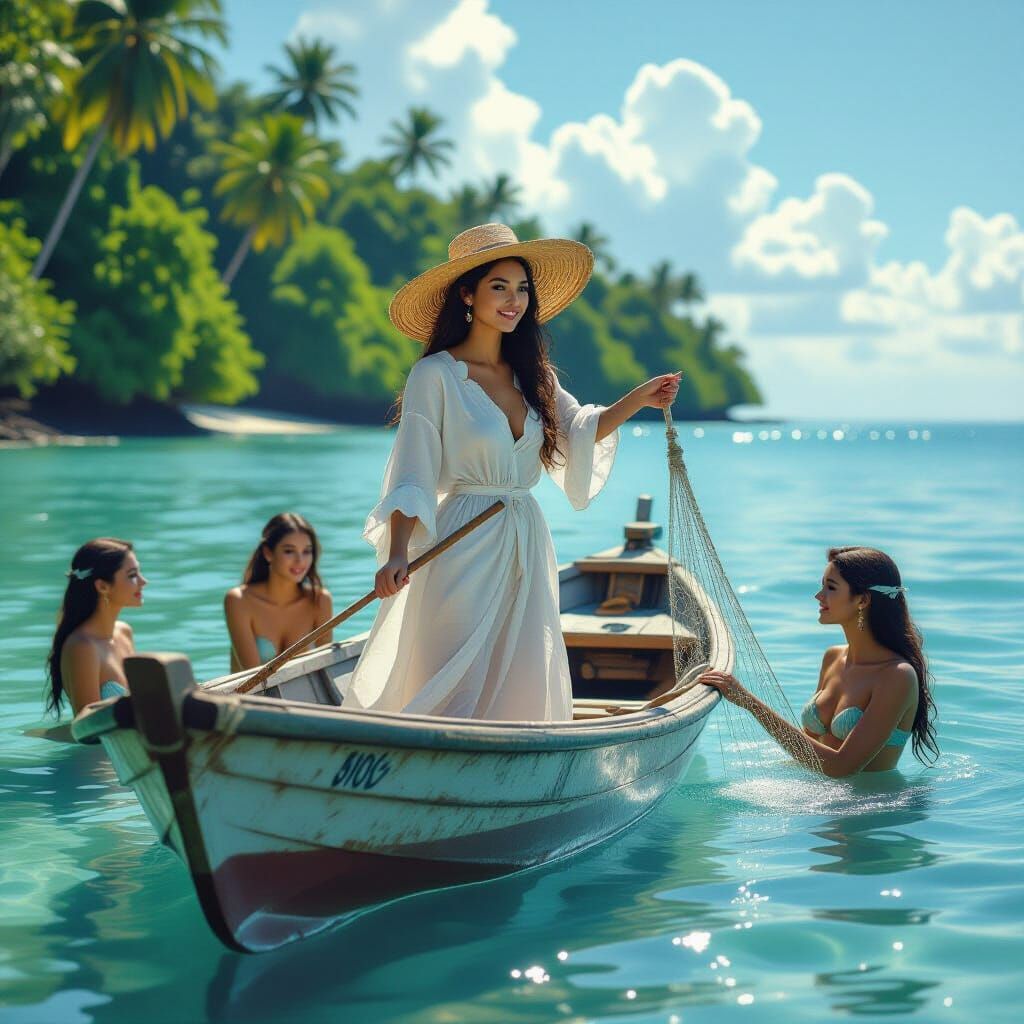 Fisherwoman and Mermaids by the Jungle Shore