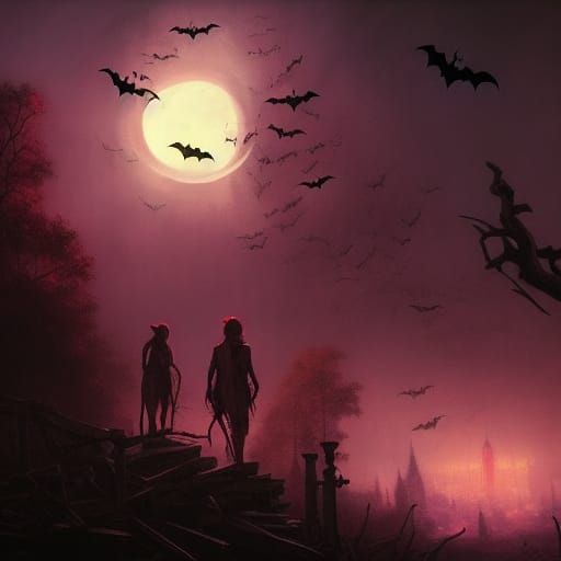 Pink Halloween Sky with Bats, Dark Fantasy Art