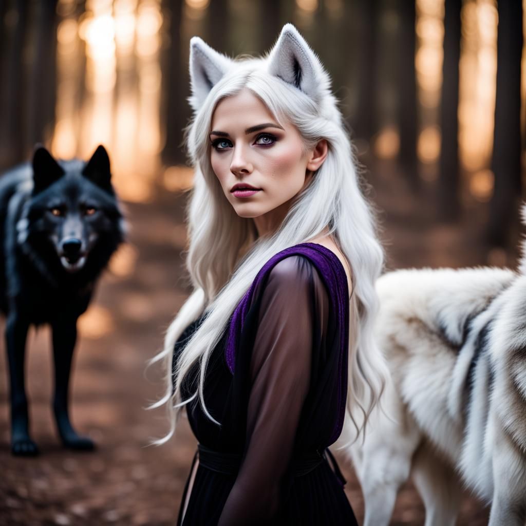 Woman with Wolf Ears and Giant Wolves