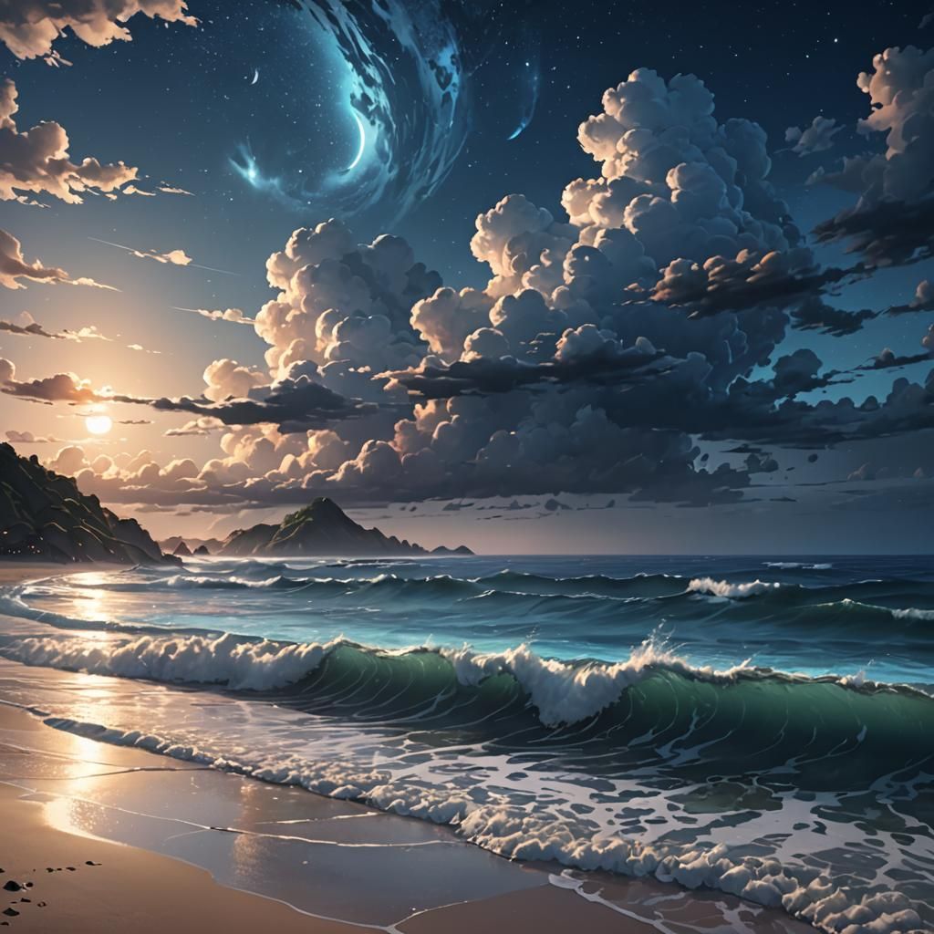 Night Beach Scene in Anime Style