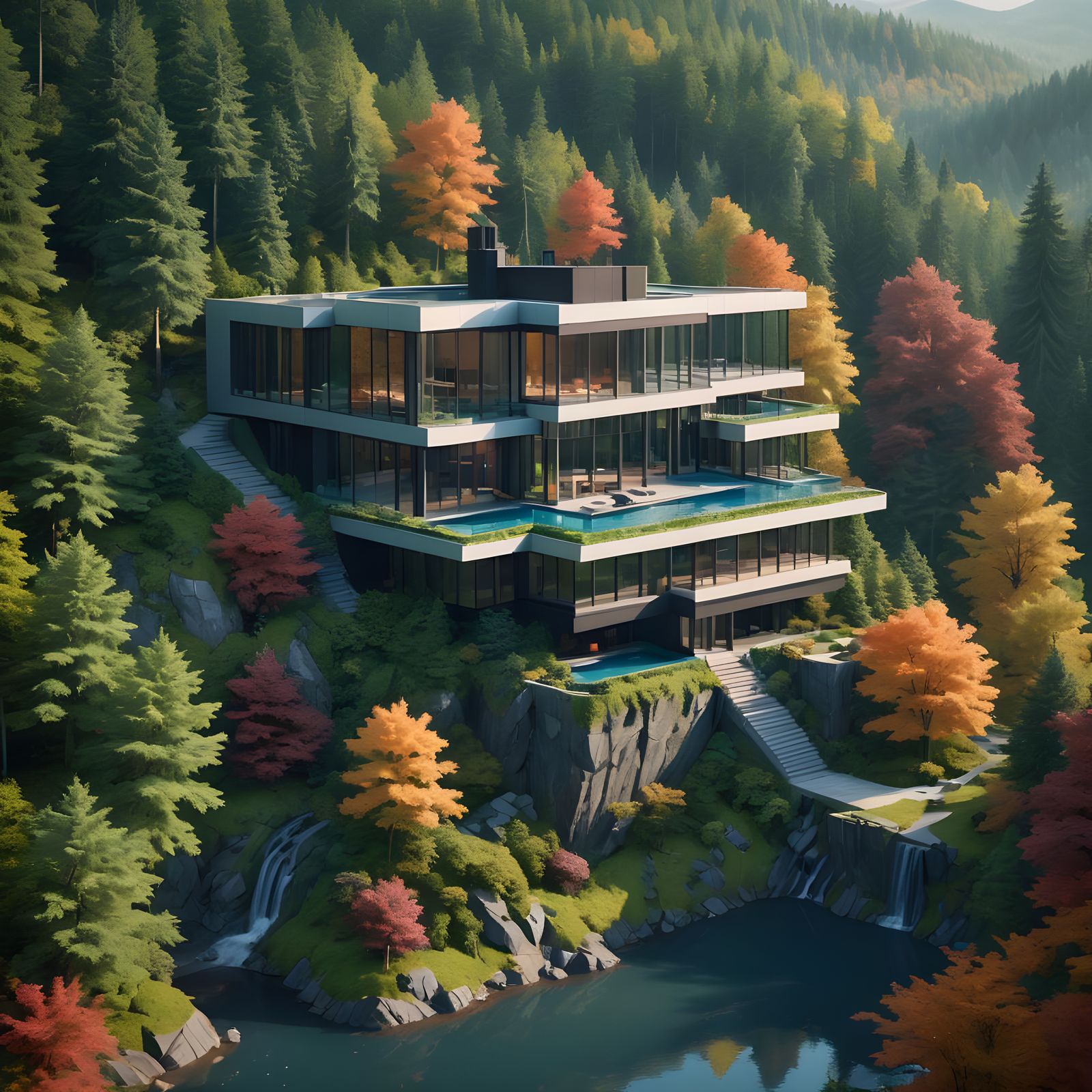 Modern Mansion in Blocky Pixelated Forest Landscape