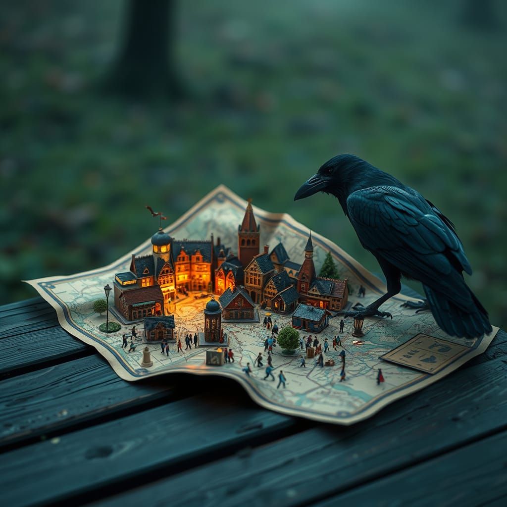 Lively Miniature City on Map with Giant Crow