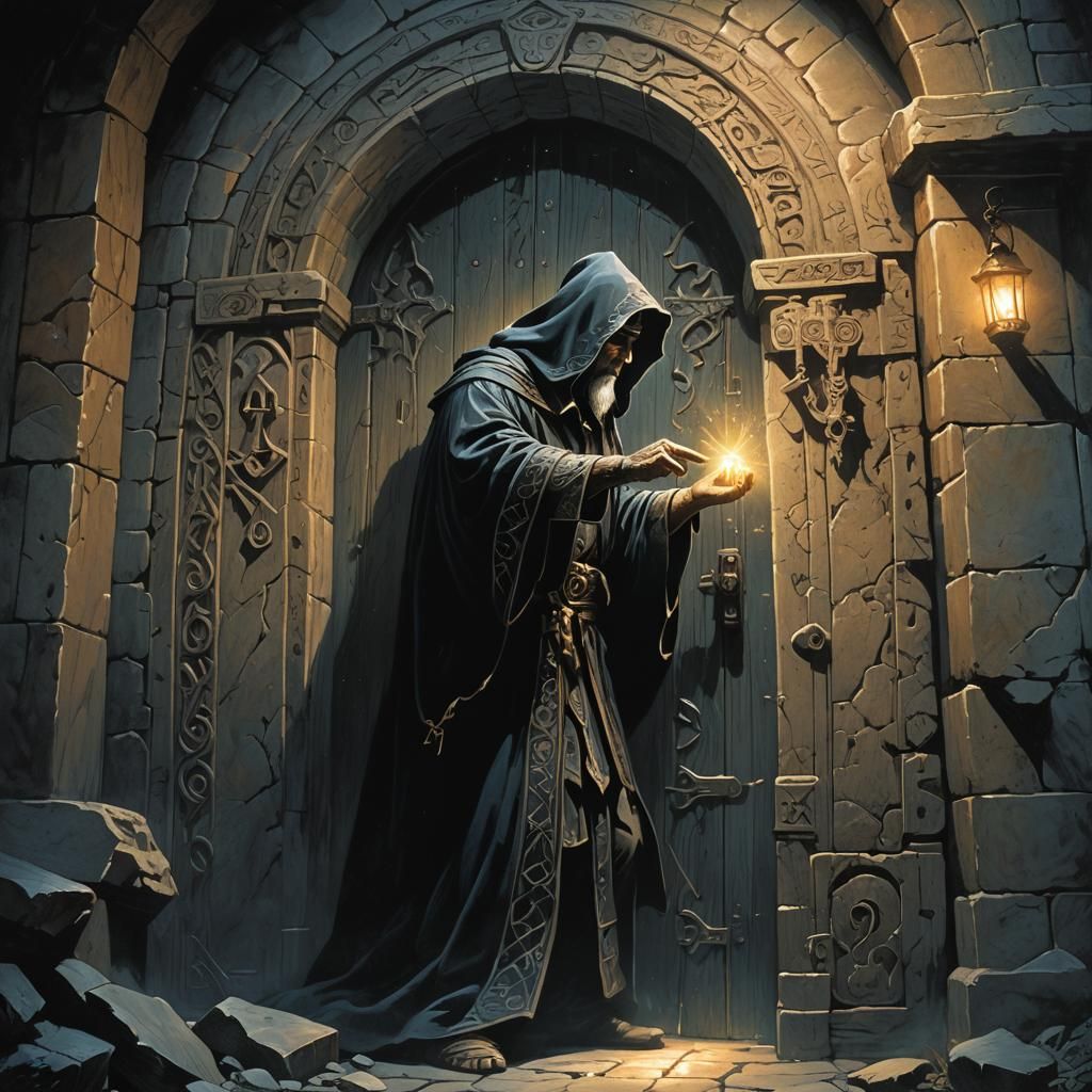 Mystic Wizard and Ancient Door in Dark Fantasy Art