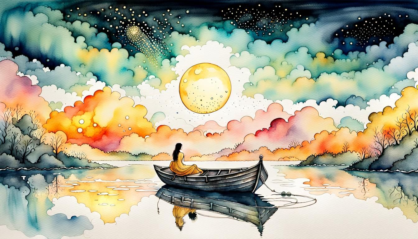 Dreamlike Boat on Lake: Watercolor Ink Splash Art