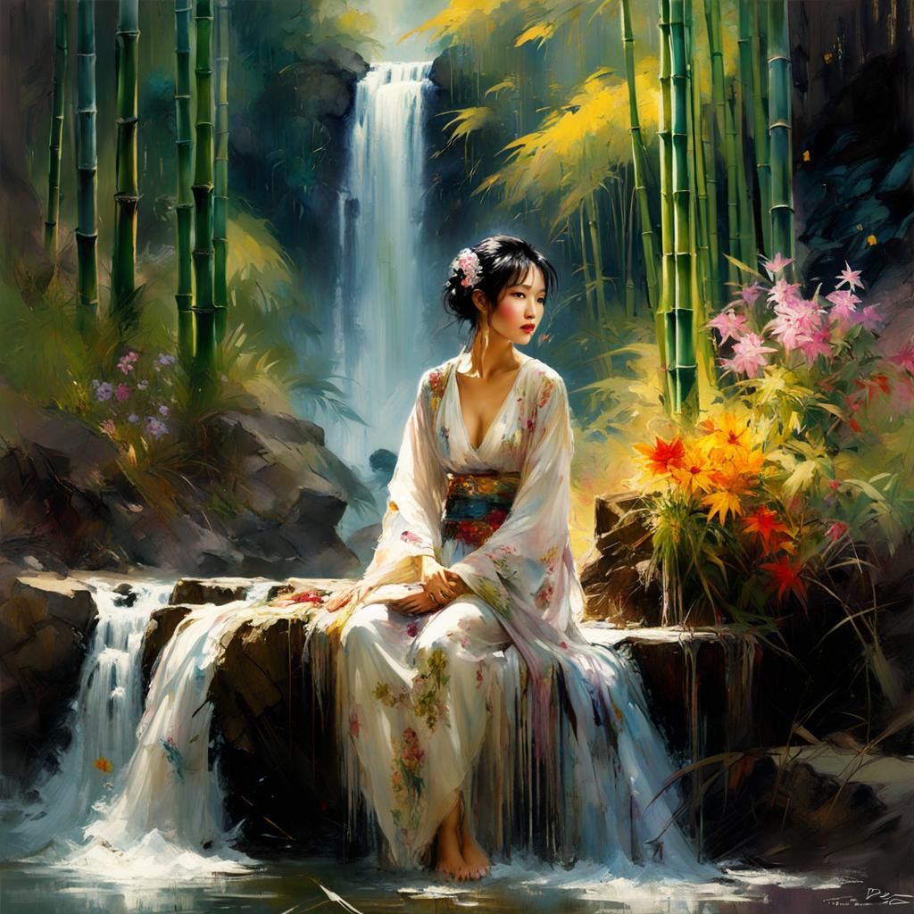 Asian Woman by Waterfall as Impasto Painting