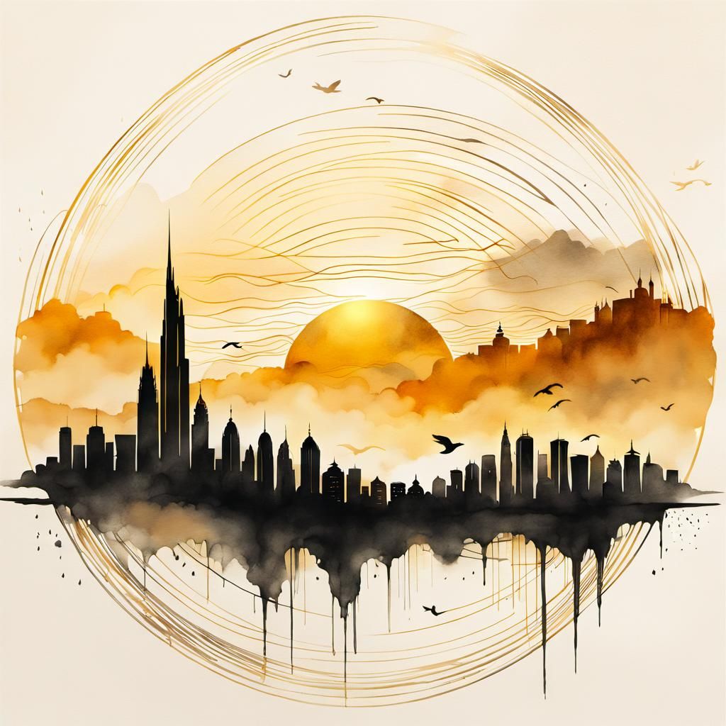 Minimalist Ink Sketch: Golden Sunrise Over Shadowy City