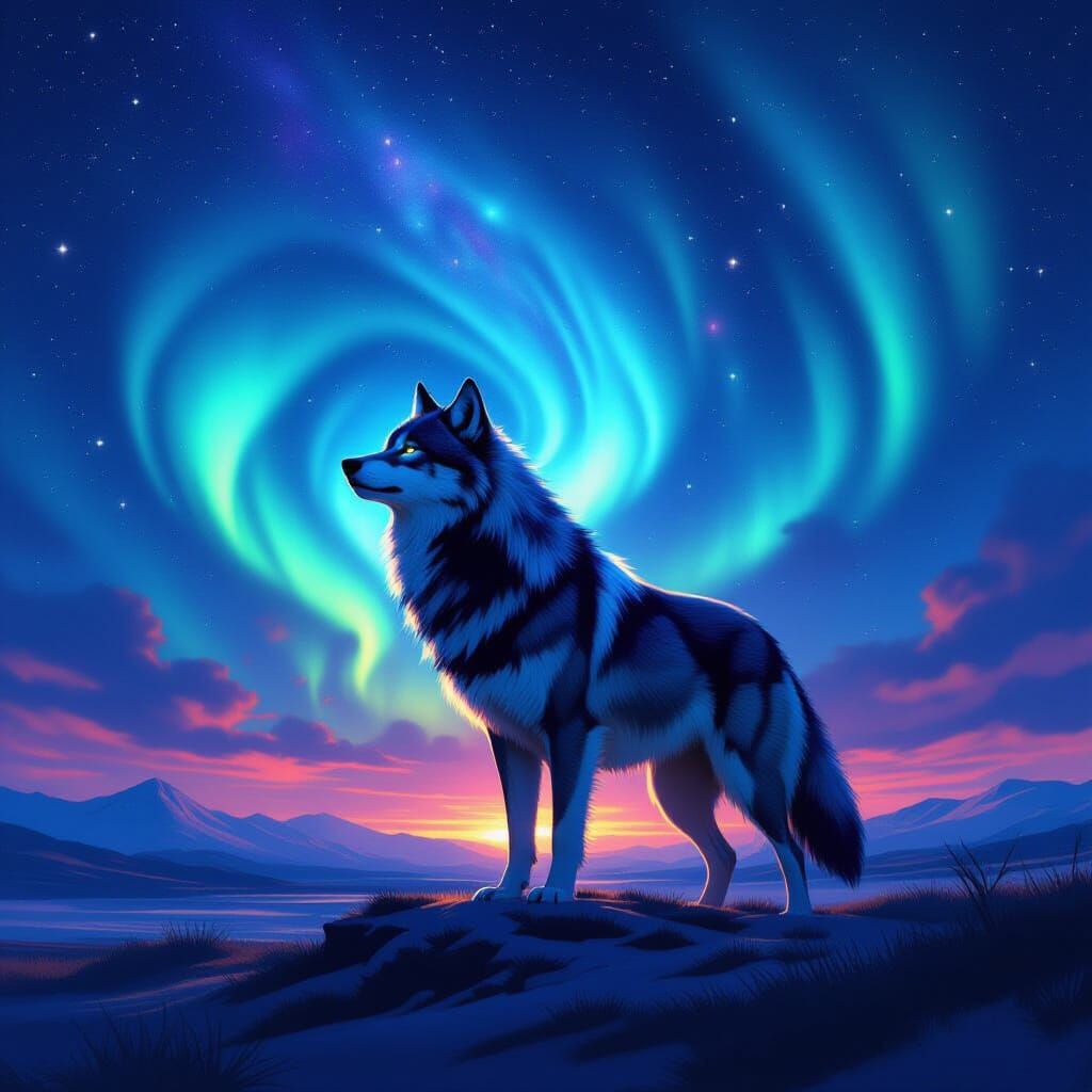 Cosmic Wolf Silhouette Against Aurora Sky