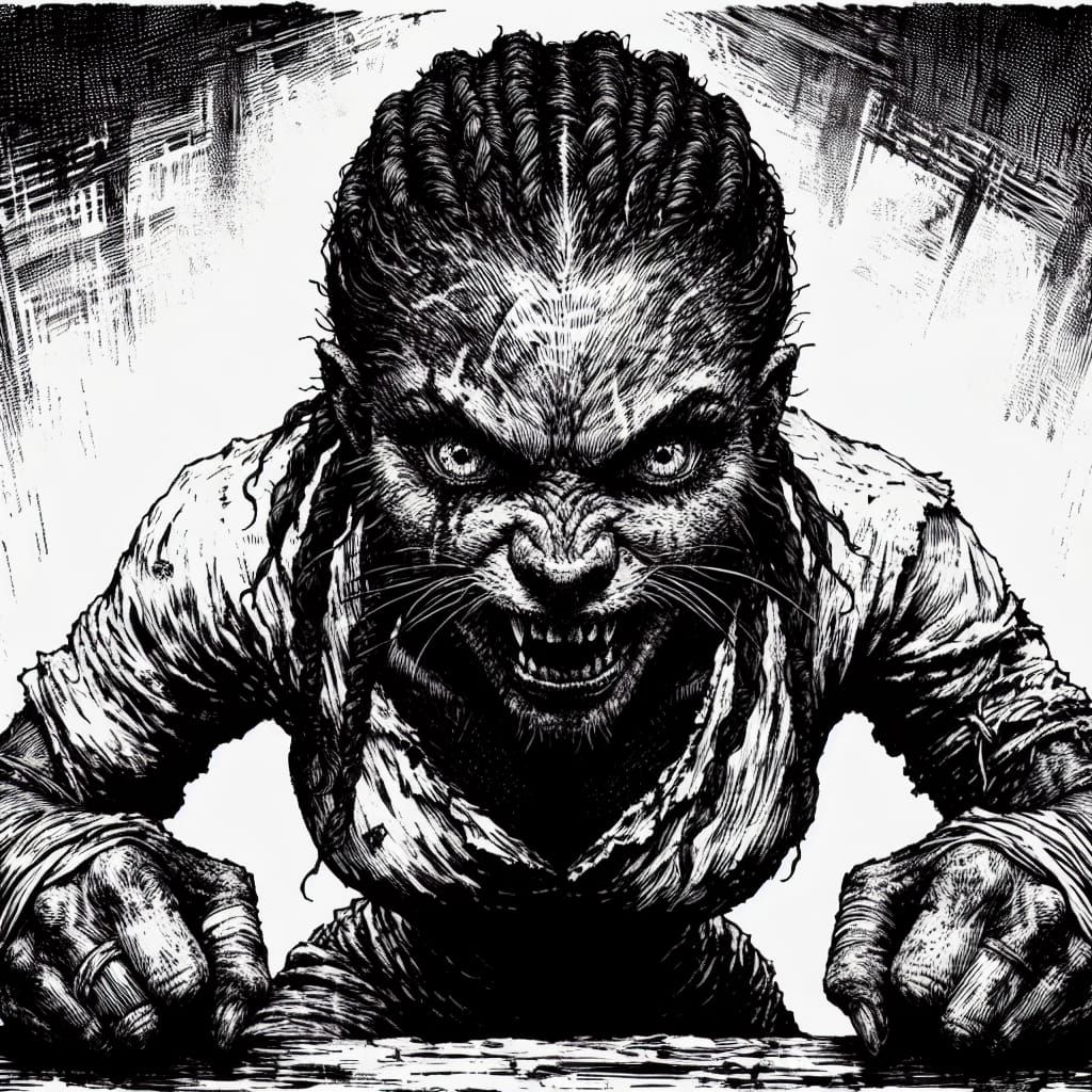 Feline Warrior Woman in Gritty Inking Style