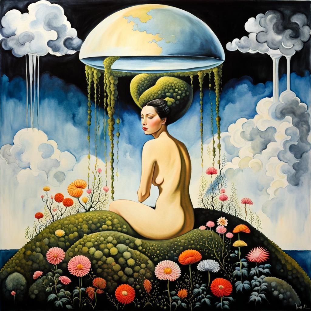 Ethereal Robot Bust in Surrealist Celestial Landscape