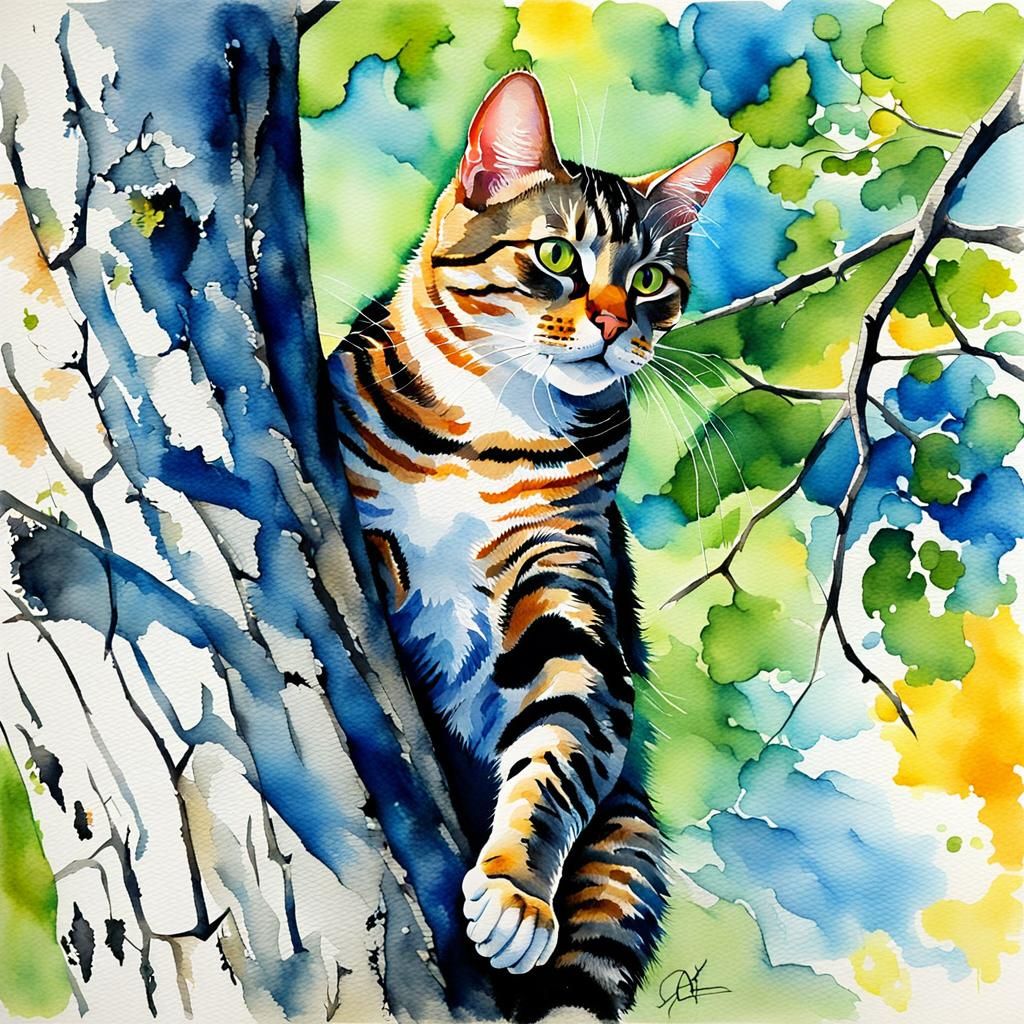 Tabby Cat Climbing Tree: Watercolor Painting