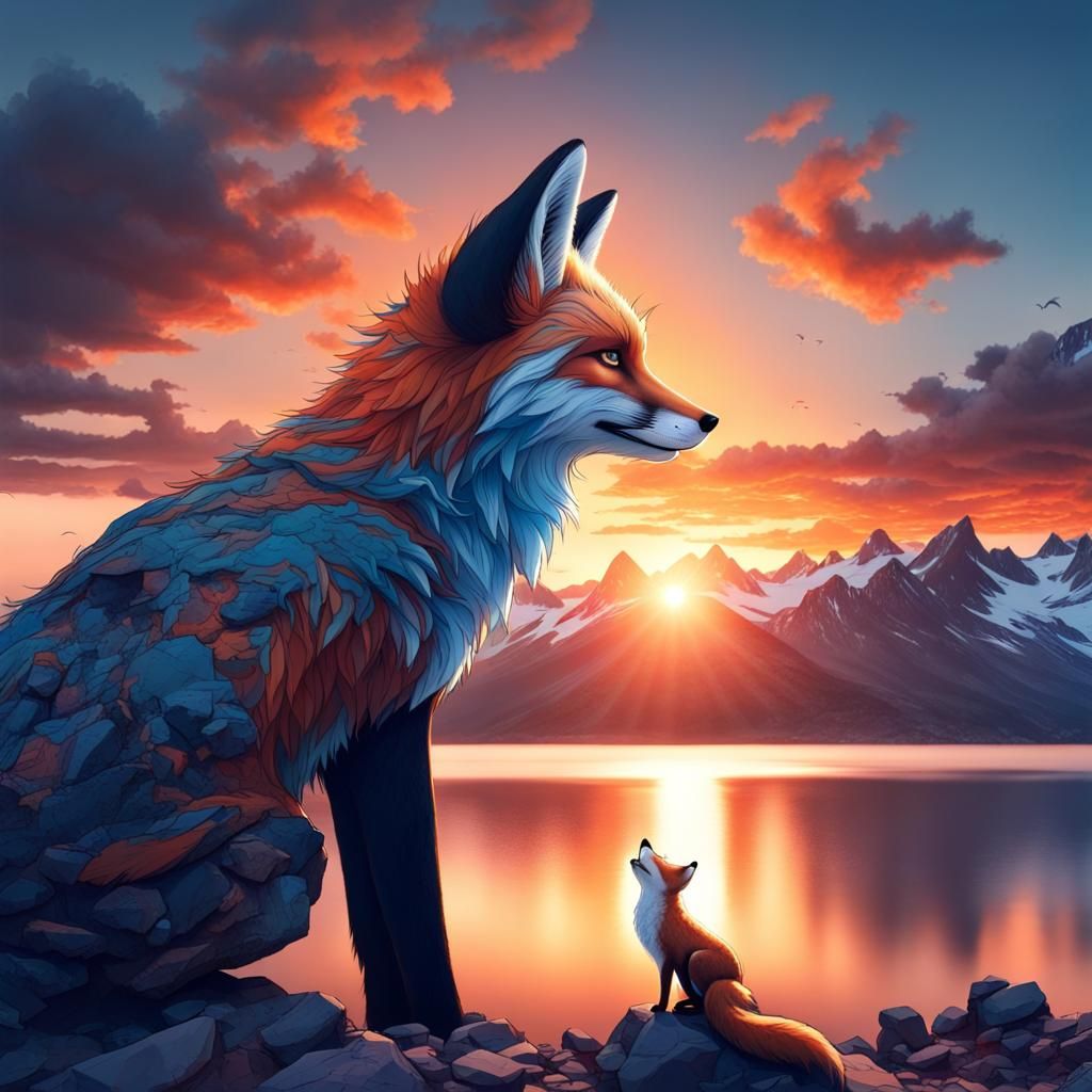 Sunset Over Mountains with Blue Lake and Fox