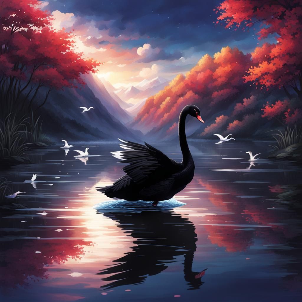 Elegant Black Swan Glides in Anime Paradise