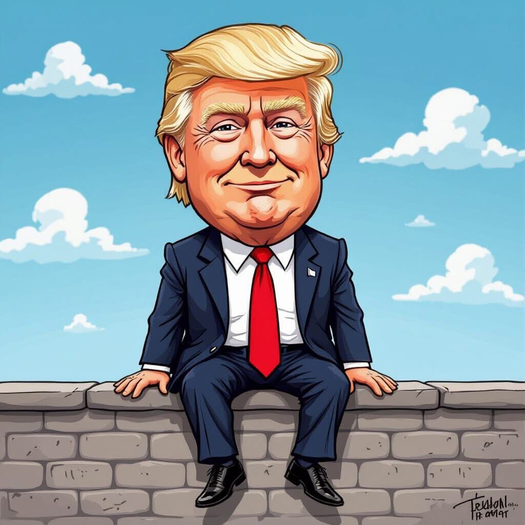 Caricature of Donald Trump Sitting on a Wall