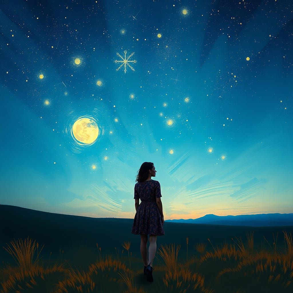 Starry Night Landscape in Post-Impressionistic Style