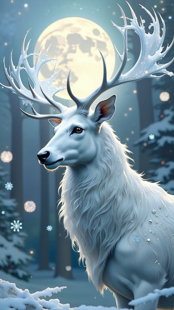 Ethereal Stag in Winter Forest, Art Nouveau Style