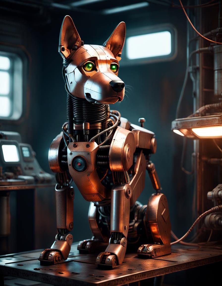 Cybernetic Canine in Retro-Futuristic Laboratory