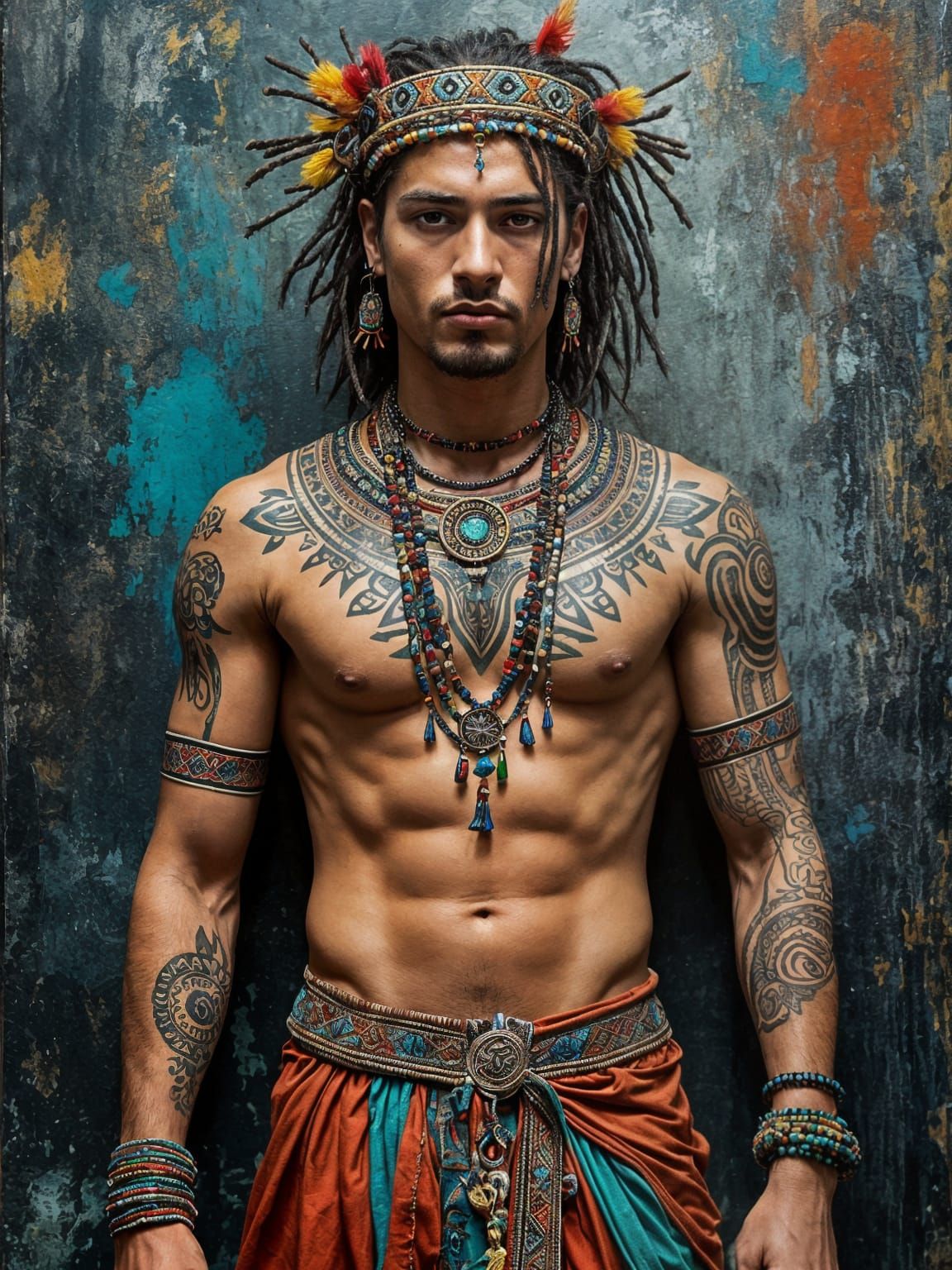 Toltec-Aztec-Mayan Inspired Portrait as Impasto Acrylic Pain...