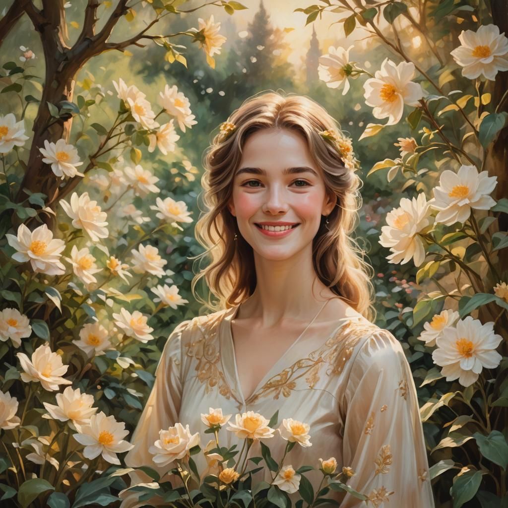 Romantic Portrait of Woman in Garden with Golden Light