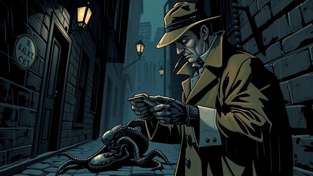 A Sherlock Holmes, wearing a feet stalker hat, holding a magnifying glass, investigates a dead Xeonmorph in a noir-style...