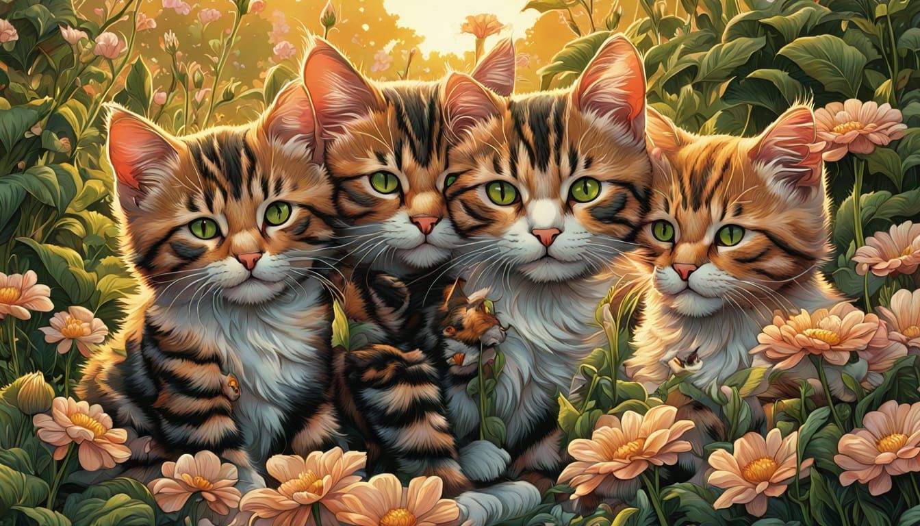 Mother Cat Grooms Kittens in a Vibrant Garden