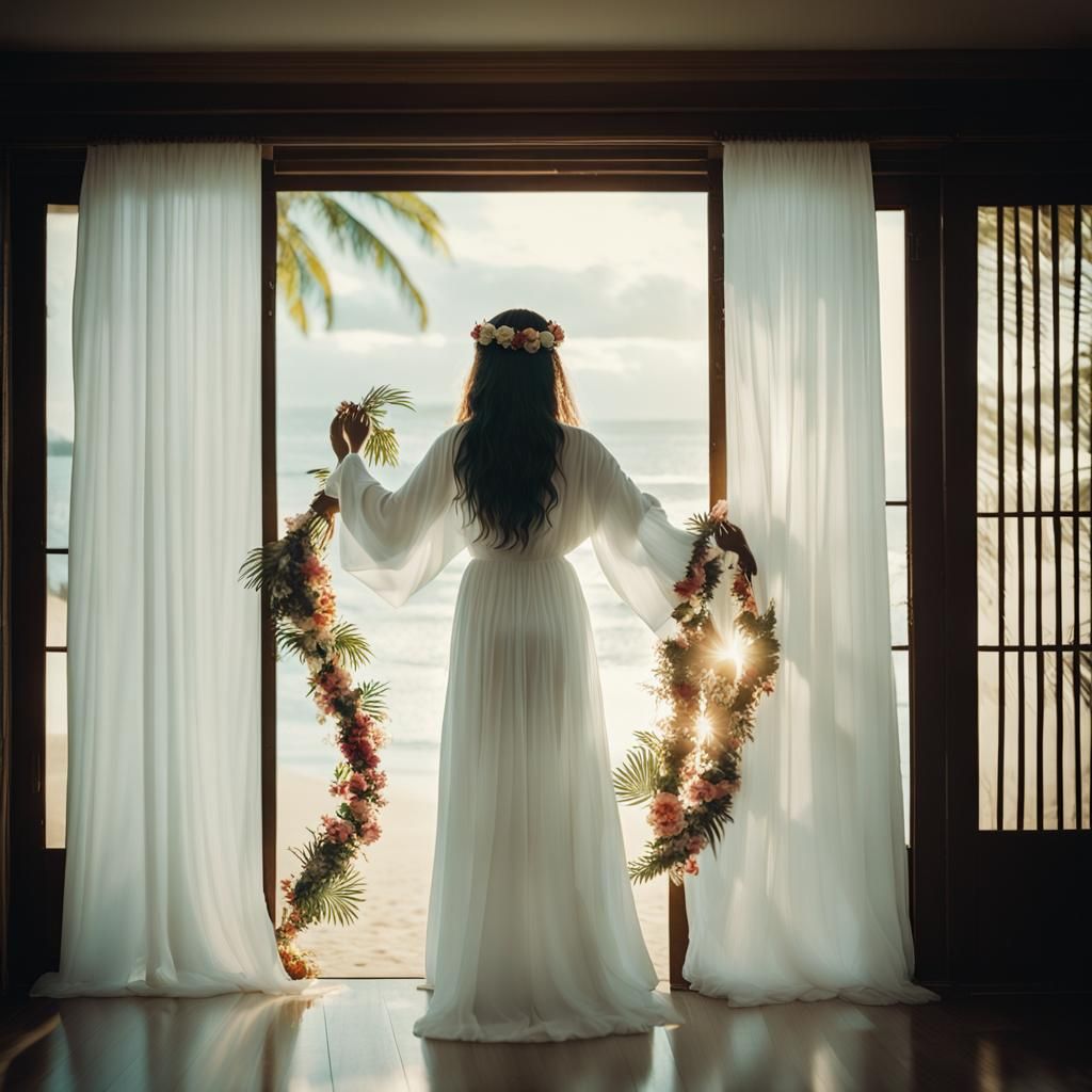 Hawaiian Woman in White Dress Cinematic Still