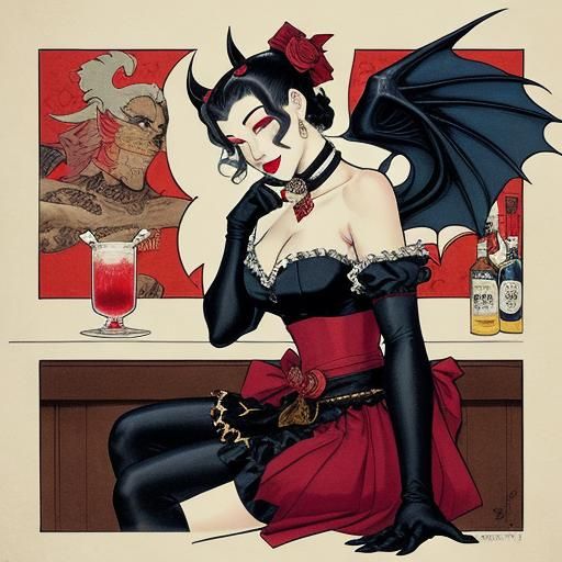 Gargoyle Seeks Love at Monster Bar, in Ukiyo-e Style