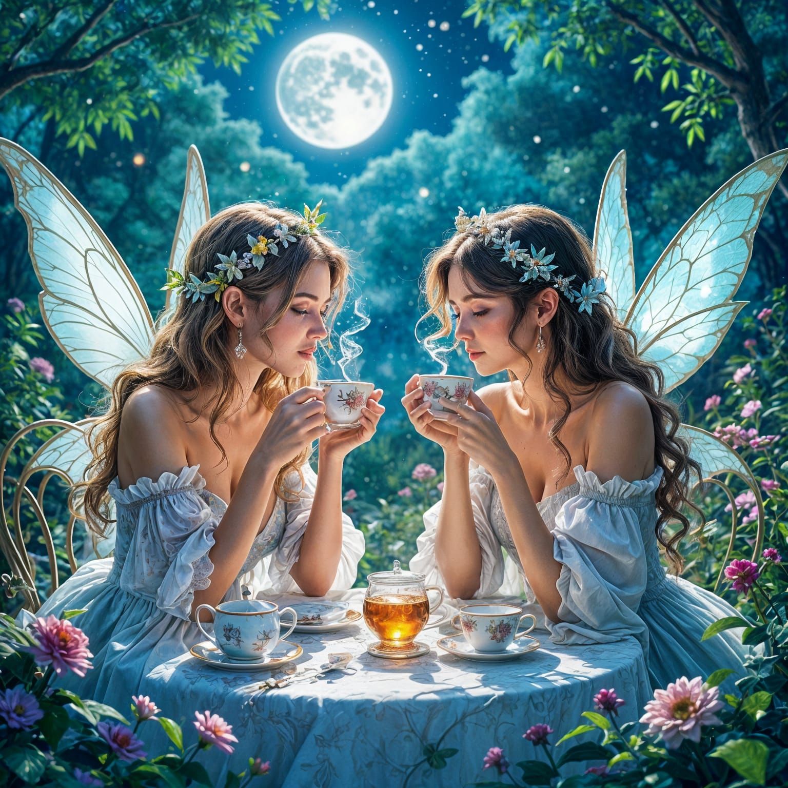 Fairies' Moonlit Tea Party: Hyperrealistic Splash Art
