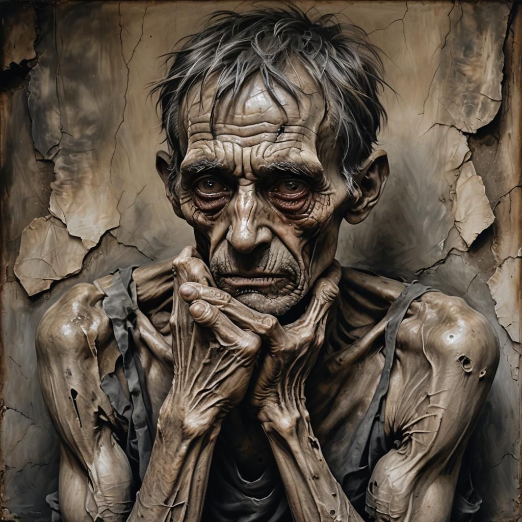 Weathered Man in Grisaille Oil Painting with Chiaroscuro