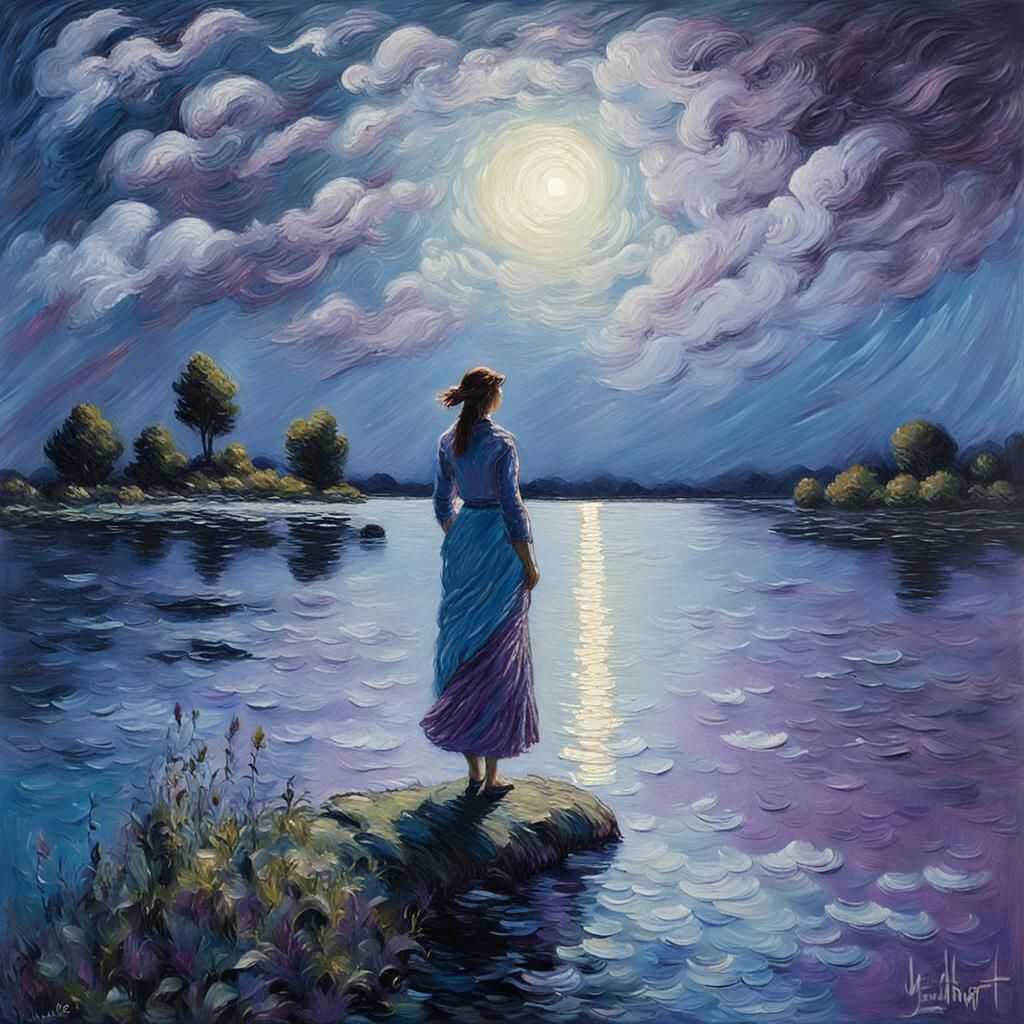 Woman at Lake in Neo-Expressionist Oil Painting