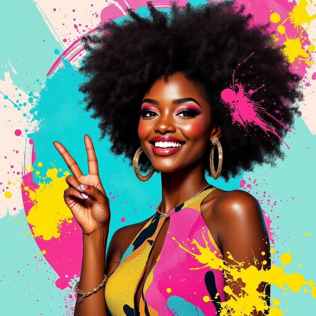 Pop Art Portrait of a Young Black Woman with Peaceful Gestur...
