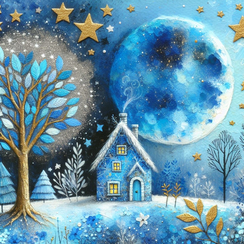 Blue Lunar Landscape with Starry Sky, Mixed Media