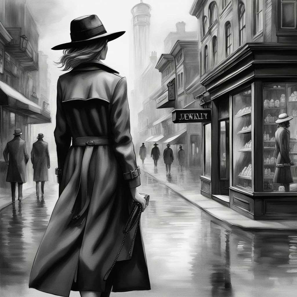 Watercolor Woman in Trench Coat Leaving Jewelry Store