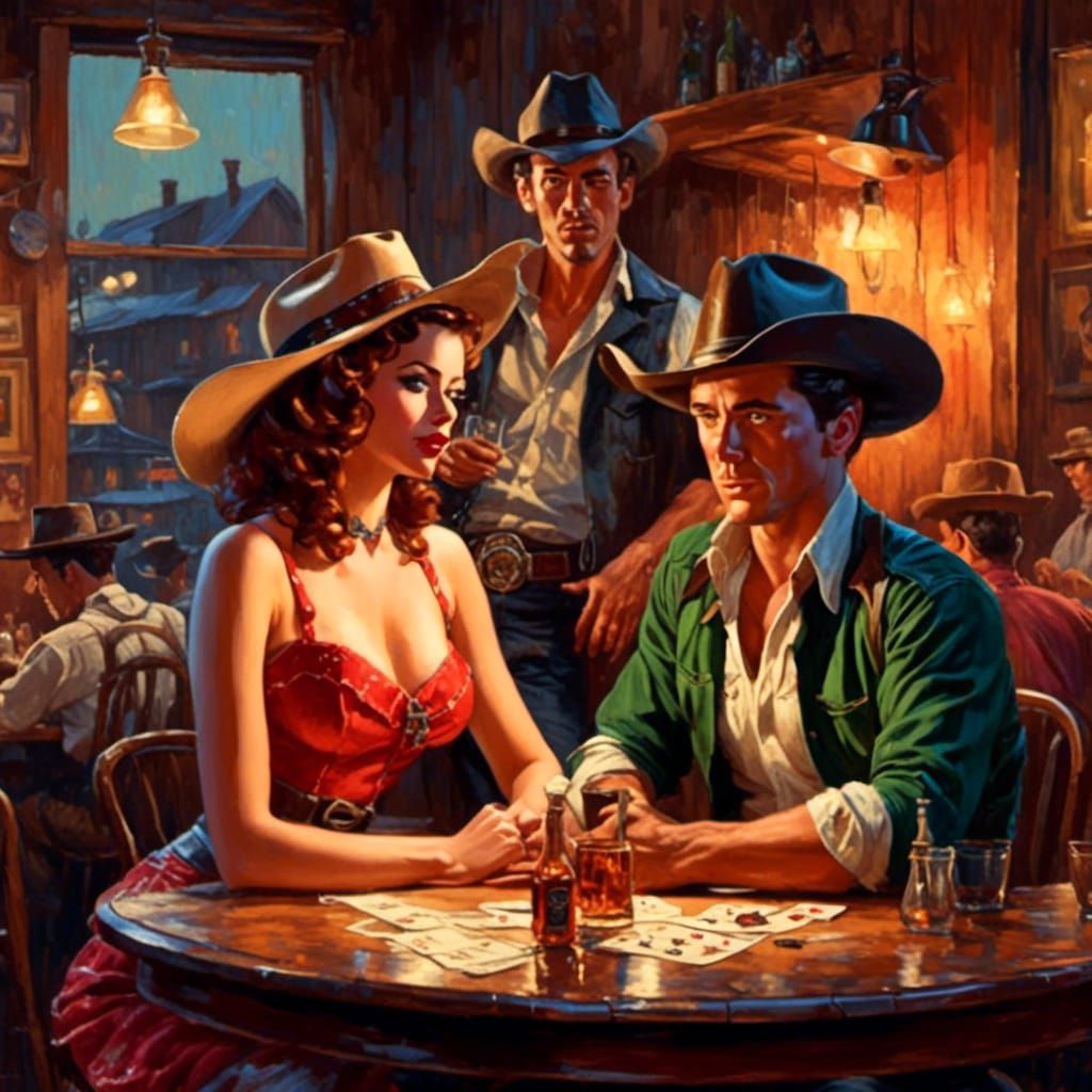 Cowboy and Saloon Girl in Retro Rockabilly Style