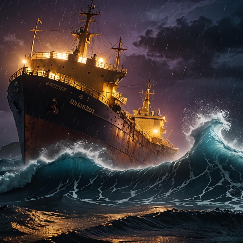 Epic Tsunami Wave at Night, Dark Fantasy Style