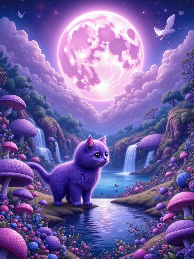 Whimsical Kitten Amidst Dreamy Landscape