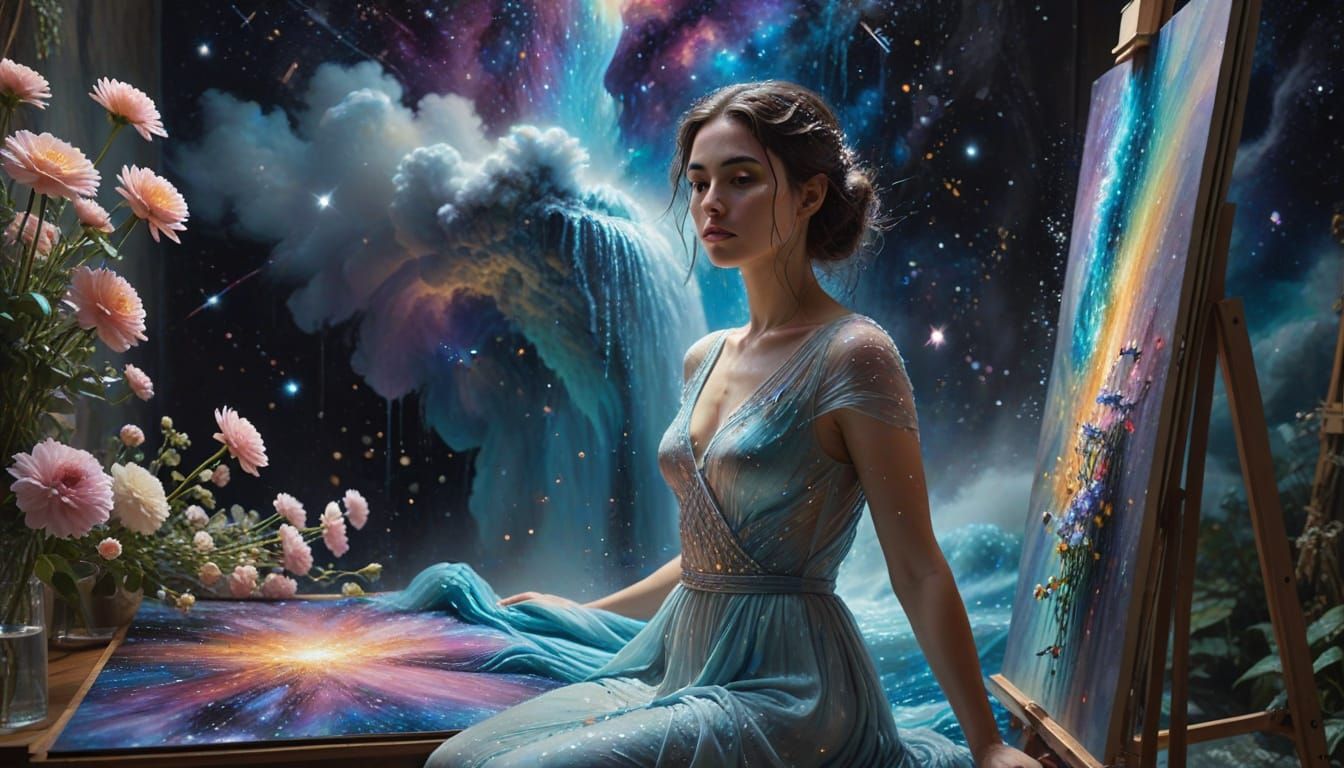 Striking Artist's Cosmic Waterfall Painting in Dadaist Style