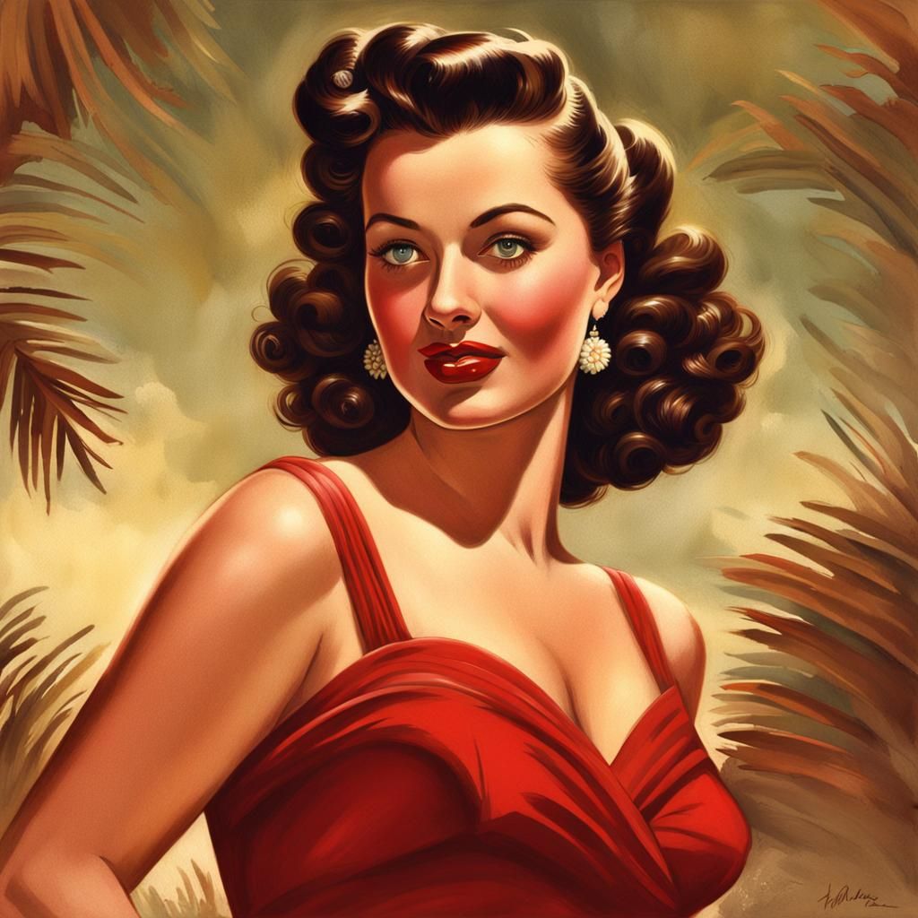 Curvy Woman in Red Dress: 1940s Pinup Illustration