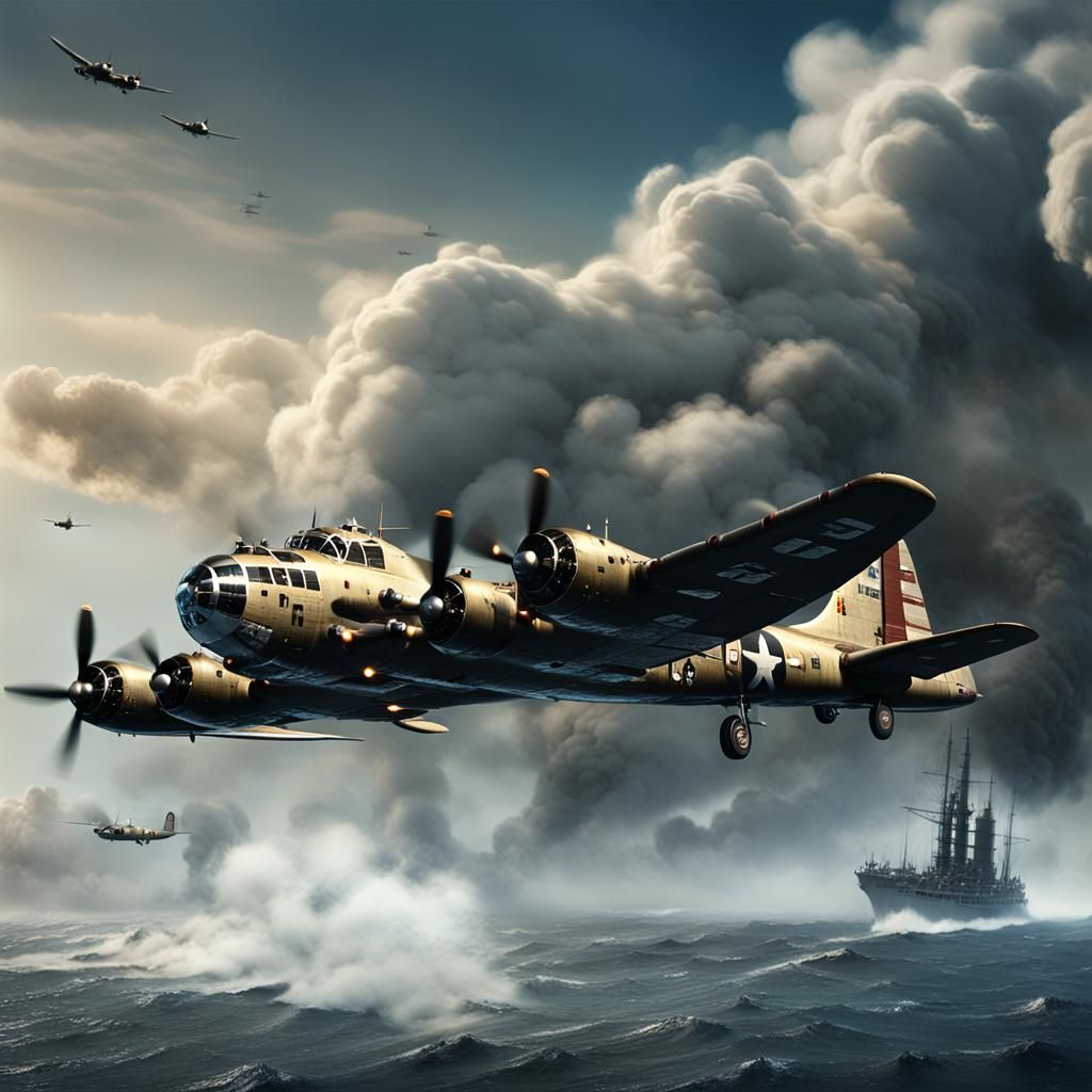 B-17 Bomber Limping Home Over the Ocean