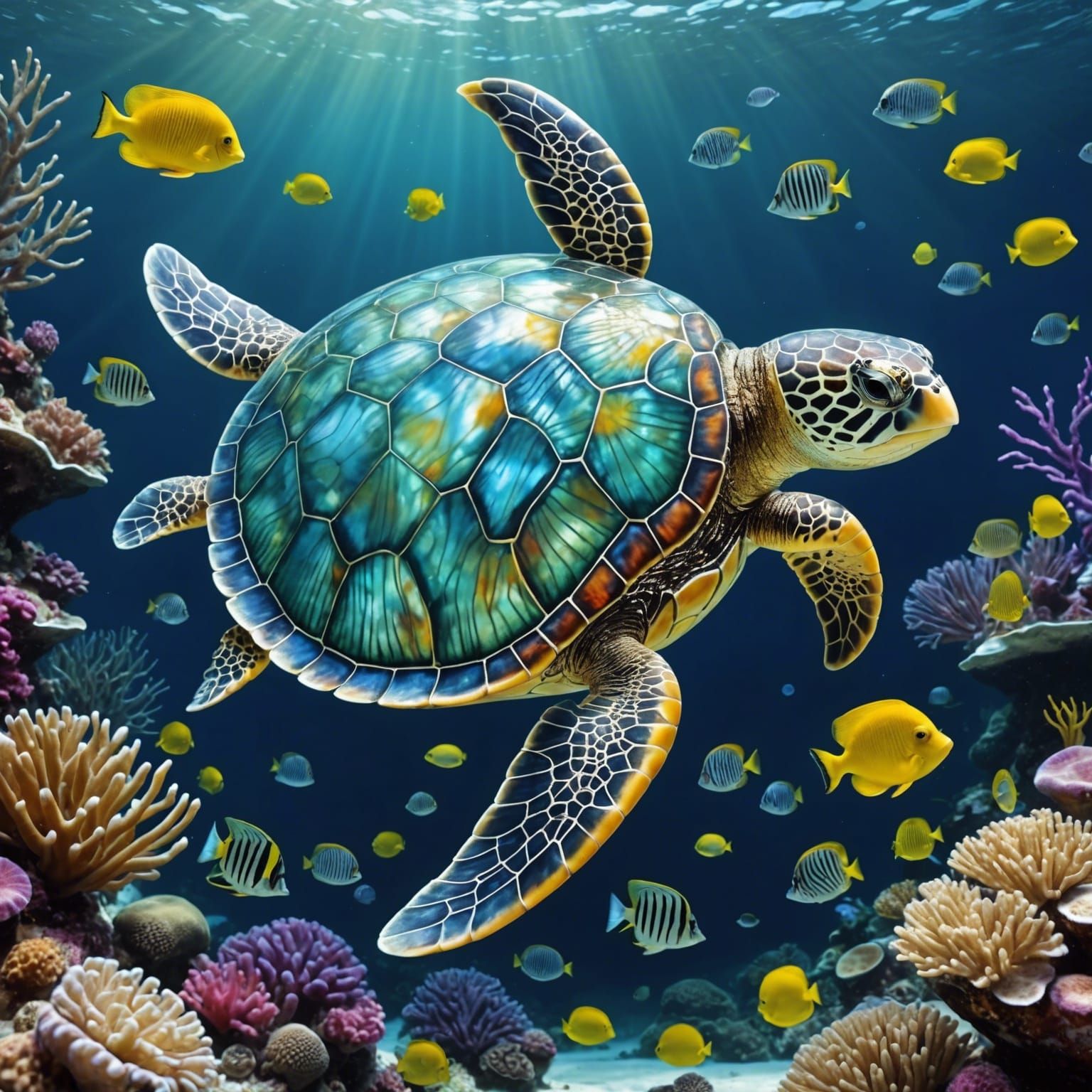 Mother-of-Pearl Glass Sea Turtle with Angel Fish