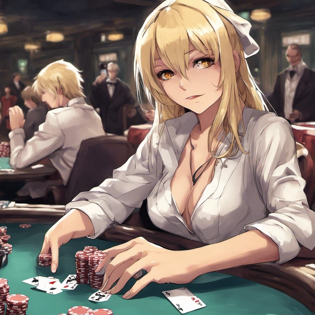 Blonde Woman Playing Poker in Anime Style