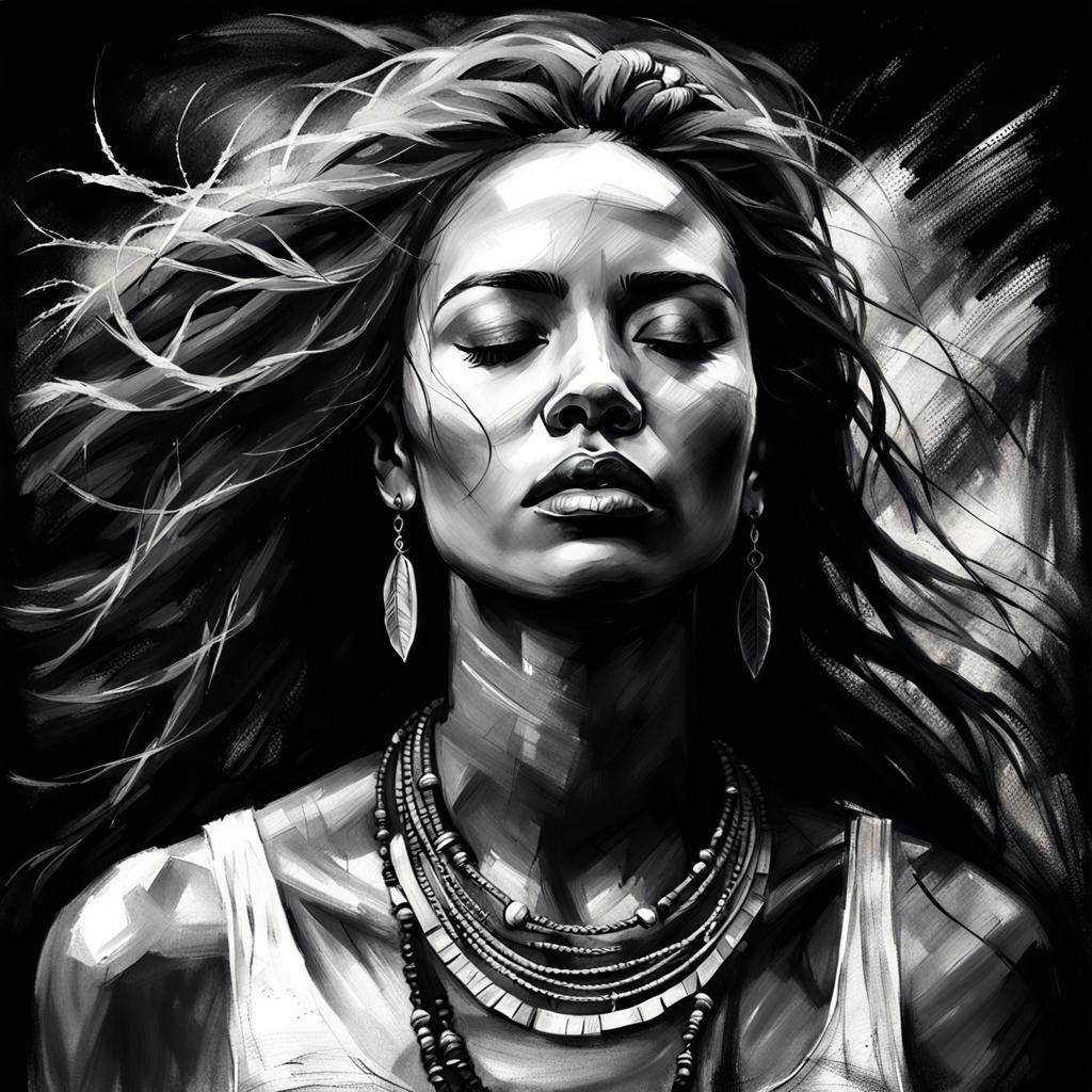 Textured Charcoal Portrait of European Girl with Hair Jewelr...