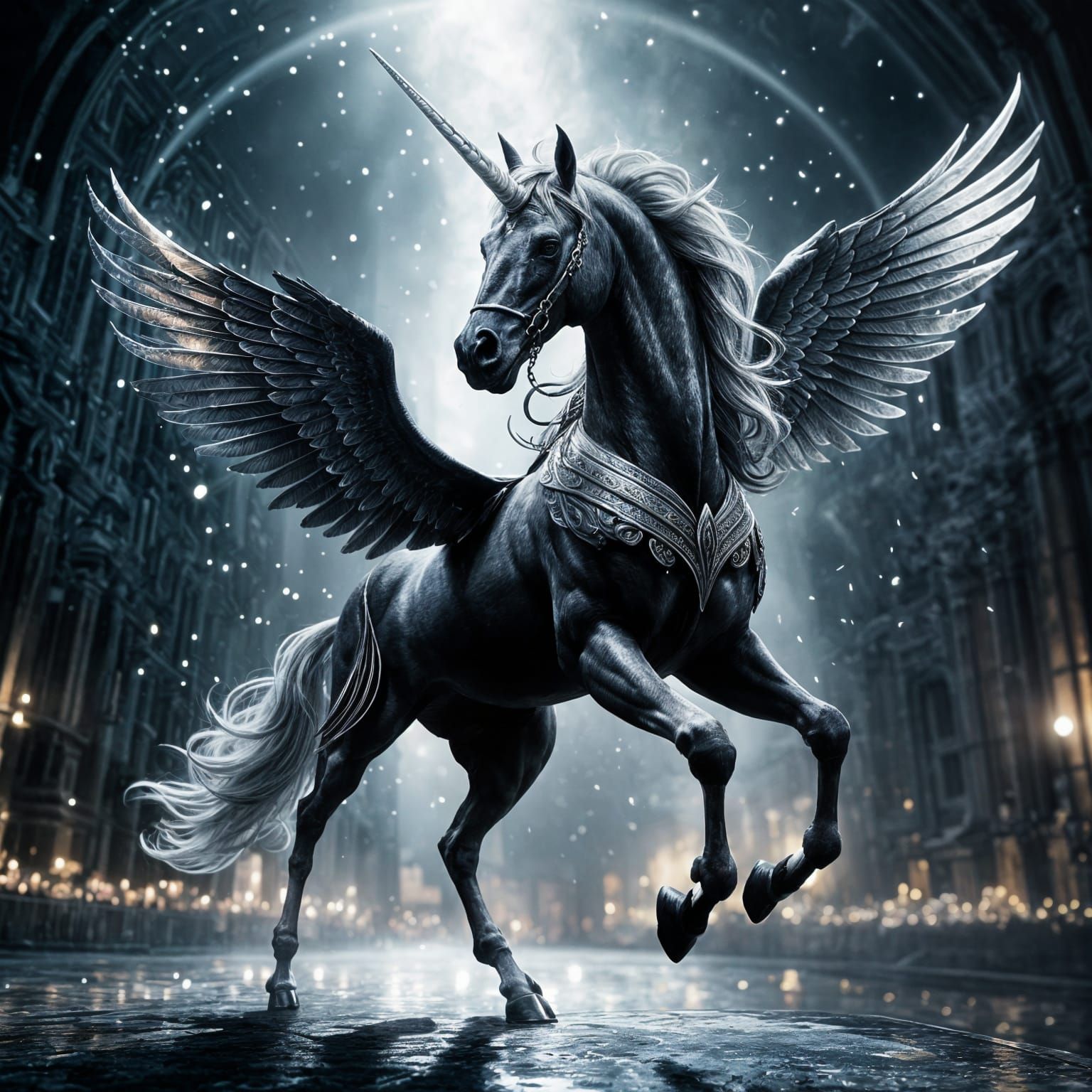 Black Winged Unicorn in Moonlight, Cinematic Still